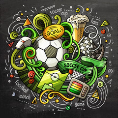 Soccer cartoon doodle illustration. Chalkboard design