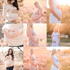 Collage of nine images with pregnant women posing outdoors in sun light. Motherhood. Maternity concept. 20s.