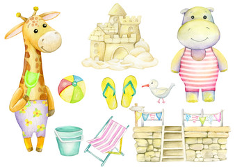 giraffe, Hippo, Albatross, sand castle, ball, pier, flags, beach Slippers, bucket. Watercolor set, on the theme of the beach, on an isolated background.