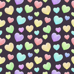 Watercolor seamless pattern with colorful hearts. Valentines background abstract illustration.