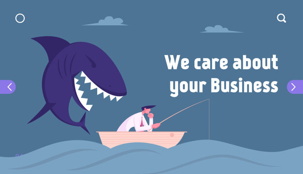 Unexpected Difficulties, Crisis Website Landing Page. Thoughtful Businessman Fishing in Ocean, Huge Shark Sneak Up to him from Back Prepare to Attack Web Page Banner. Cartoon Flat Vector Illustration