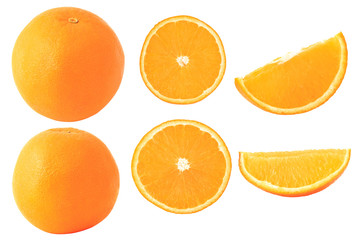 Set of ripe whole and sliced oranges isolated on white background.