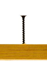 Black screw screwed into wood on white isolated background_