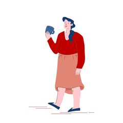 Young Adorable Woman Enjoying Cup of Tea Thinking of Creative Idea. Female Character Relaxing with Mug in Hands Drinking Hot Beverage. Leisure Coffee Break Resting Cartoon Flat Vector Illustration