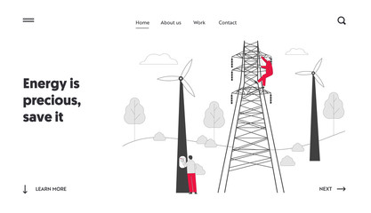 Energy Station Powerline in City Website Landing Page. Electrician Workers with Tools and Equipment Electric Transmission Tower Maintenance Web Page Banner. Cartoon Flat Vector Illustration, Line Art