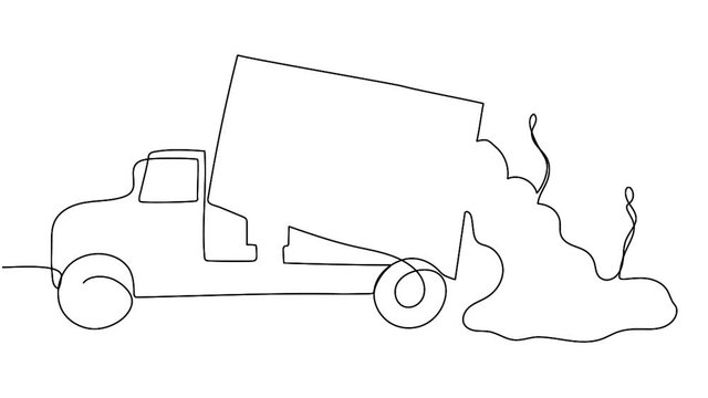 Self drawing animation of garbage truck - continuous line drawing on transparent background