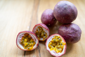 passion fruit on wooden background.