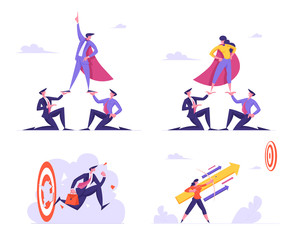 Set of Businesspeople Leadership and Goals Achievement. Business Man and Woman in Super Hero Cloak Stand on Human Pyramid, Break Target, Shooting to Aim Isolated. Cartoon Flat Vector Illustration
