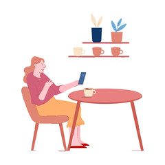 Young Girl Relaxing in Restaurant Sitting at Table with Coffee Cup Holding Smartphone in Hand. Woman Visiting Cafe, Female Customer Character in Recreational Place. Cartoon Flat Vector Illustration
