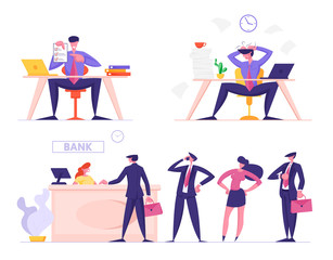 Set of Businesspeople in Different Life Situations Stand in Bank Queue for Getting Banking Service, Signing Contract or Insurance, Deadline and Busy at Work Isolated Cartoon Flat Vector Illustration