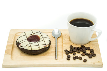 Cup coffee, donut on wooden tray isolated on white background.
