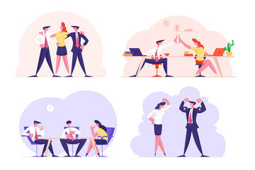 Set of Businesspeople Dream Team Isolated on White Background. Office Workers Characters Hugging, Giving High Five, Having Coffee Break. Teamwork Cooperation, Success Cartoon Flat Vector Illustration