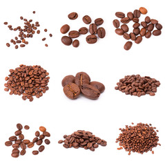 collage of Coffee beans isolated on a white background area for copy space.