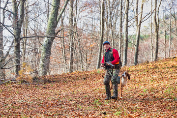 Fototapeta premium Hunter and hunting dog chasing in the forest