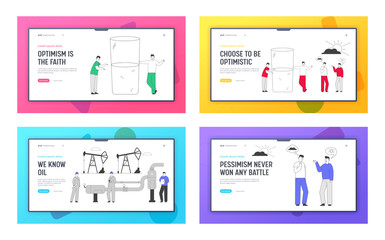 Positive Negative Thinking. Gas Industry Website Landing Page. Pessimist Optimist Stand at Huge Half Full or Empty Glass. Workers at Pipeline Web Page Banner. Cartoon Flat Vector Illustration Line Art