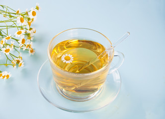 Glass of healthy herbal camomille tea. Naturopathy. Matricaria chamomilla.