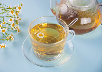 Glass of healthy herbal camomille tea. Naturopathy. Matricaria chamomilla.