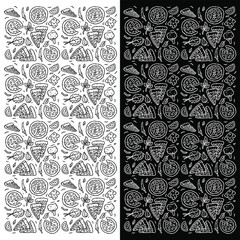 Vector seamless pattern of hand drawn pizza, isolated on dark and bright background