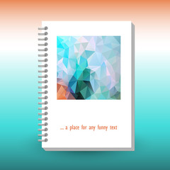 vector cover of diary or notebook with ring spiral binder - format A5 - layout brochure concept - mint blue green turquoise orange colored with polygonal triangle pattern