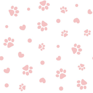 Seamless pink pastel pattern background texture wallpaper with paws pets animals and hearts.