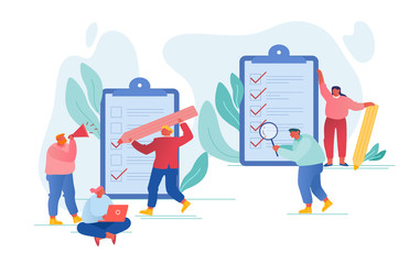Scheduling Planning Inspiration and Creative Process Concept. Business People Stand at Huge Clipboard with Checklist Filling Check Boxes on Documents with Marks by Pen Cartoon Flat Vector Illustration