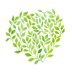 Watercolor heart of green leaves isolated on white background