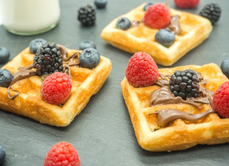 delicious breakfast of waffles with forest berries and bottle of milk on slate