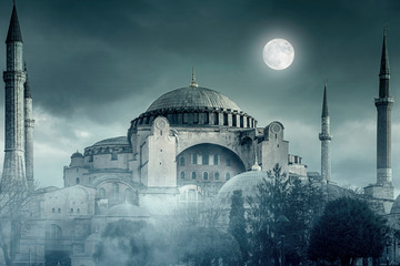 Night Time with Moon over Hagia Sophia or Hagia Sophia Church of the Holy Wisdom in Istanbul, Turkey