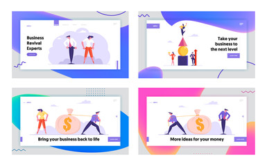 Bankruptcy, Leadership and Money Website Landing Page Set. Business People Forming Huge Pyramid, Pulling Sack with Dollars, Turn Out Empty Pockets Web Page Banner. Cartoon Flat Vector Illustration