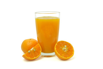 Glass of orange juice and slices of orange fruit isolated on white background