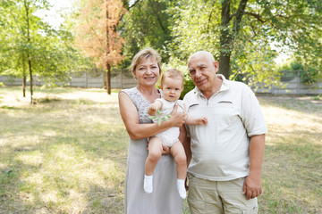 Grandparents taking care of grandchild in outdoor park. family, life insurance concept.