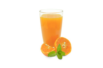 Glass of Orange juice and mint with pulp on white background