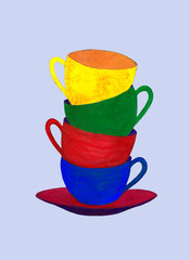 Colorful tea cups isolated on blue background. Gouache technique. Hand drawn illustration.