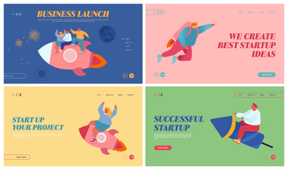 Business Success Website Landing Page Set. Male and Female Office Workers Flying Up by Rocket and Jet Packs to Rising Investments and Goal Achievement Web Page Banner. Cartoon Flat Vector Illustration