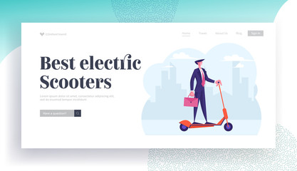 Ecology Transport Website Landing Page. Business Man Holding Briefcase Riding Electric Scooter Hurry at Work. Businessman City Megalopolis Lifestyle Web Page Banner. Cartoon Flat Vector Illustration