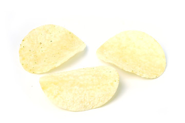 Delicious potato chips, isolated on white background