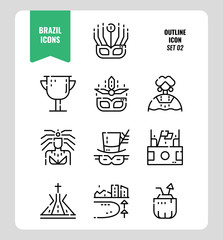 Brazil line icon set 2. Include carnival, mask, football, Brazil landmark and more. Outline icons Design. vector