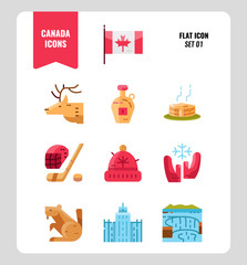 Canada icon set 1. Include Canada flag, Maple syrup, niagara fall, hockey, animal and more. Flat icons Design. vector