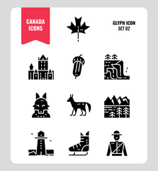 Canada icon set 2. Include Canada landmark, Maple leaf, landscape, red fox and more. Glyph icons Design. vector