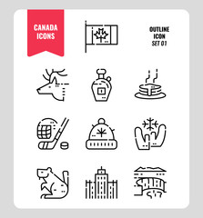 Canada icon set 1. Include Canada flag, Maple syrup, niagara fall, hockey, animal and more. Outline icons Design. vector