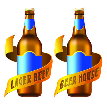 Pub Beverage Logo Template. 3D Image With Bottle And Ribbon Around.