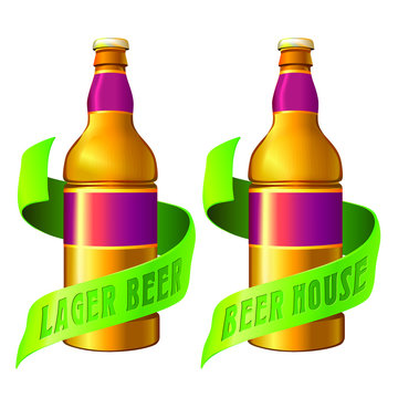 Pub Beverage Logo Template. 3D Image With Bottle And Ribbon Around.