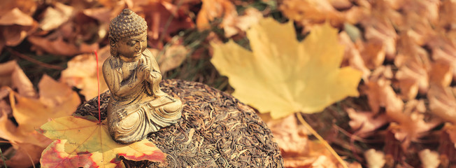 Buddha statuette against the background of autumn foliage, Raw Chinese tea Pu-erh pressed