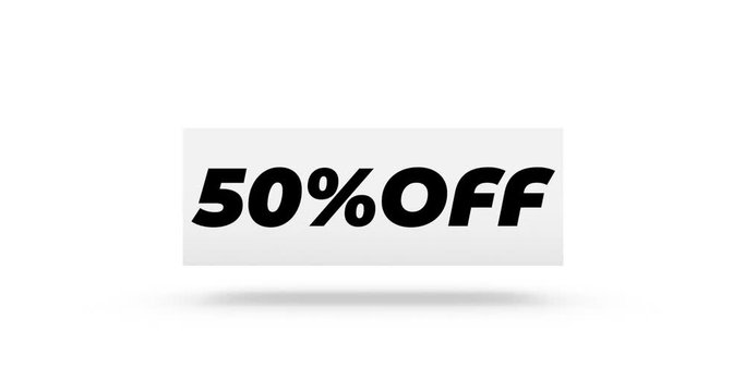 White twisted animated block with inscriptions on the faces: sale, 50% off. Сan be used in promotion video ads or seasonal discount information for any services - Powered by Adobe