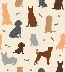Seamless repeat pattern with silhouettes of dogs of different breeds, bones and paw prints on a cream background