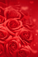 Valentines Card - Red Roses And Blured Hearts On Abstract Romantic Background. Valentines Day Concept.