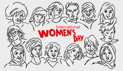 Banner for International Women's Day - diverse female faces from around the world, a diverse group of hand-drawn women. Line graphics. Black and white vector sketch.