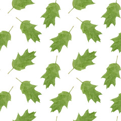Oak tree  green leaves, watercolor hand drawn botanical summer seamless pattern isolated on white background. Design elements for fabric, card, wrapping paper, decoration etc.