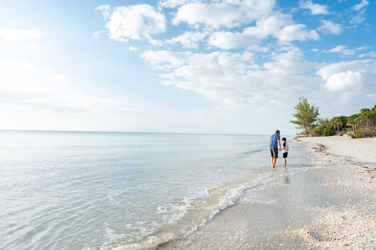 Father and son walking on a beach
