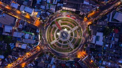 Road roundabout with car lots in Bangkok,Thailand. street large beautiful downtown at evening...
